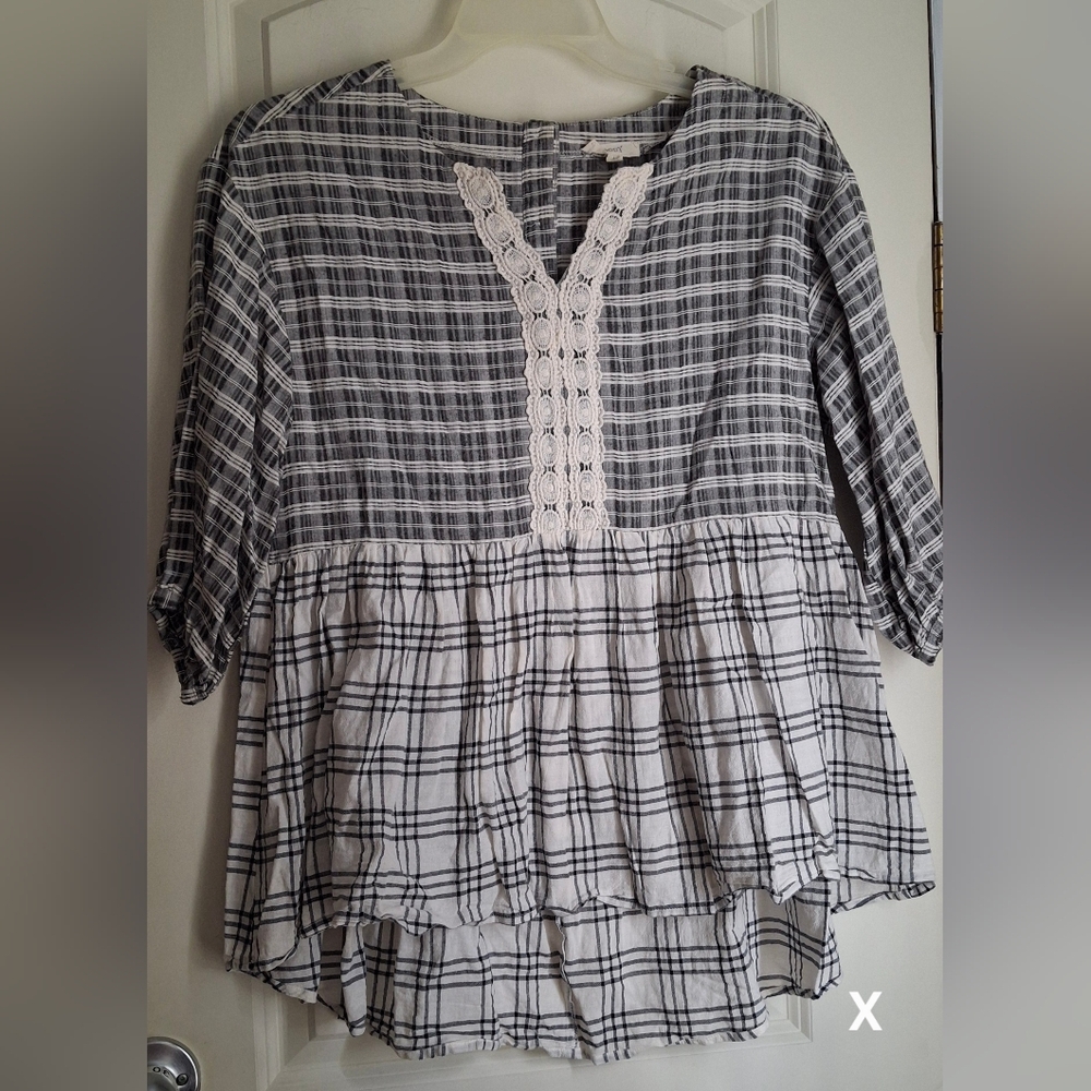 Oddy blue lace sleeve blouse sz L Plaid Goth Lagenlook Casual Romantic Western - Picture 2 of 11